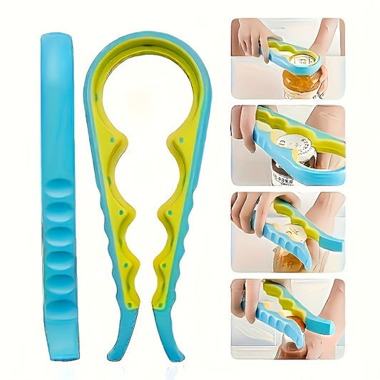 4-in-1 Ergonomic Can Opener for Easy Grip - Blue & Yellow Plastic Kitchen Tool, Ideal for Seniors and Arthritis Sufferers, Multi-Functional Jar Opener with Measurement Markings
