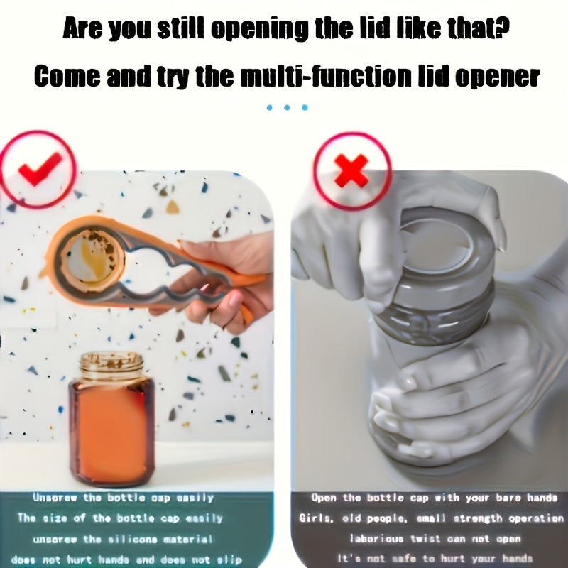 4-in-1 Ergonomic Can Opener for Easy Grip - Blue & Yellow Plastic Kitchen Tool, Ideal for Seniors and Arthritis Sufferers, Multi-Functional Jar Opener with Measurement Markings